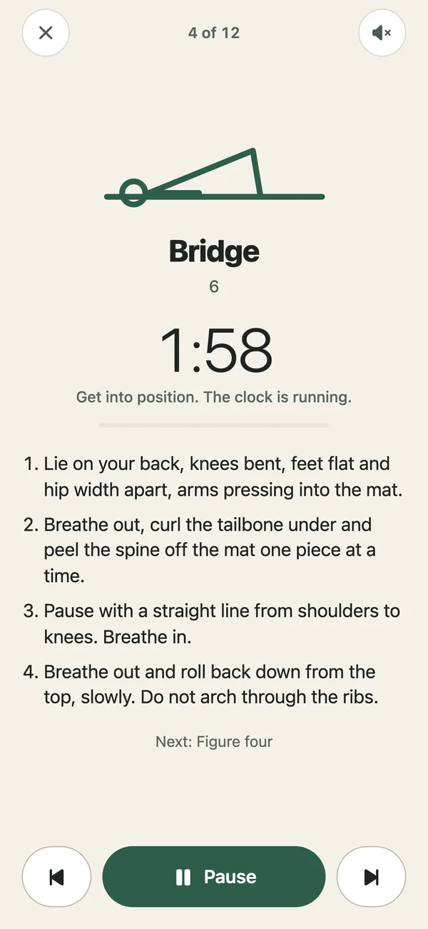 Unhurried screenshot: a mat session in progress with a plain written cue and timer